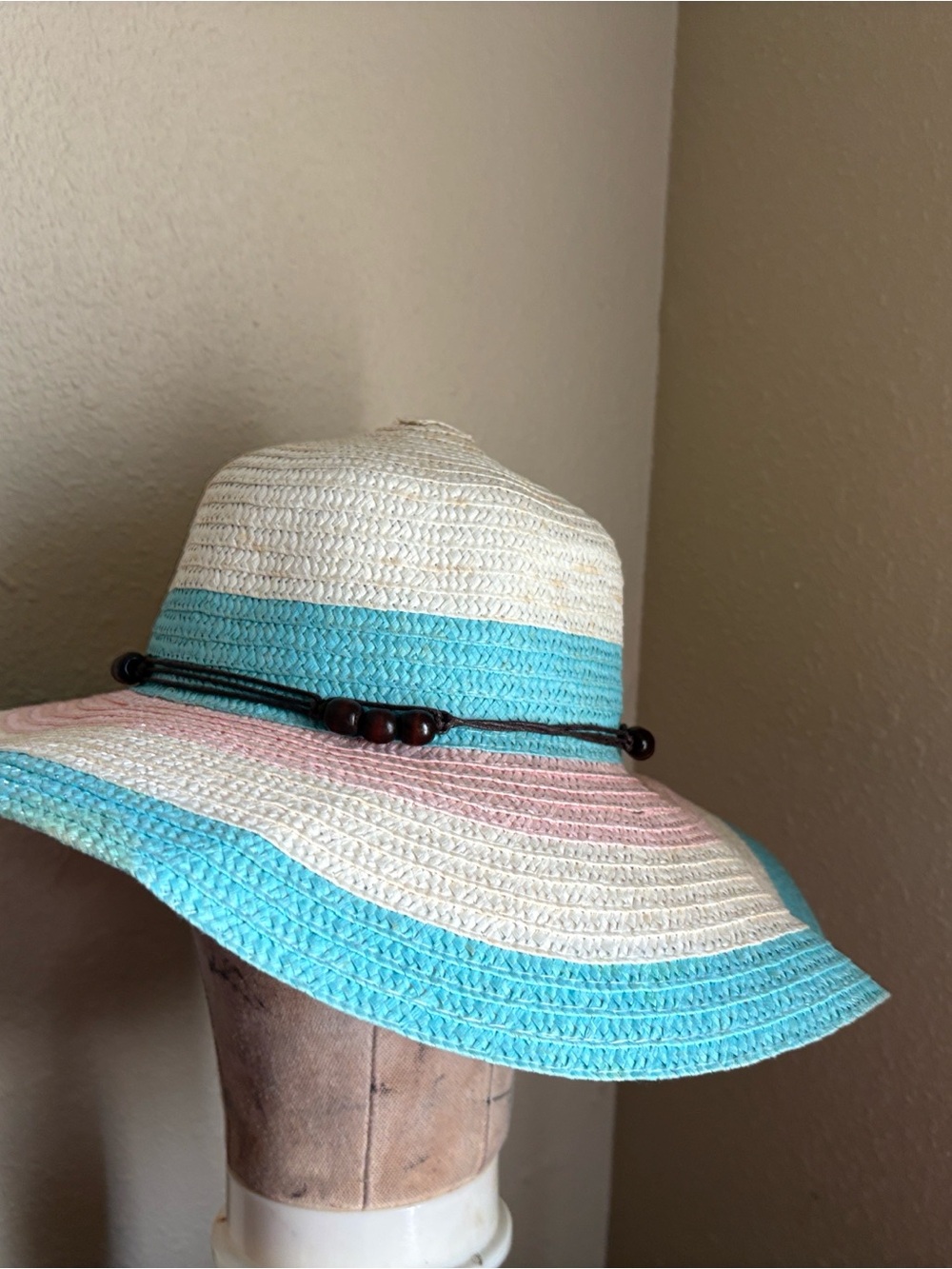 Striped Wide-Brim Sun Hat in White, Turquoise & Pink